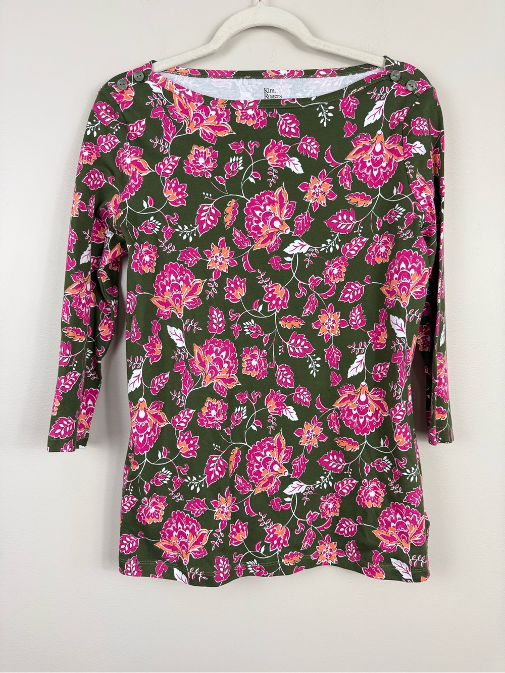 Kim Rogers Top Womens Petite Small Floral Green Pink Boatneck 3/4 Sleeve Shirt